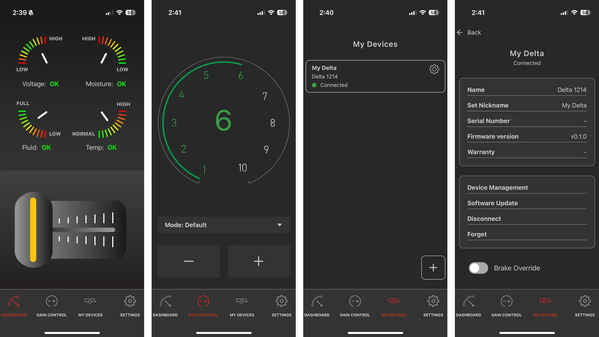 Hydrapro mobile app screenshots showing dashboard, gain control, device list, and settings