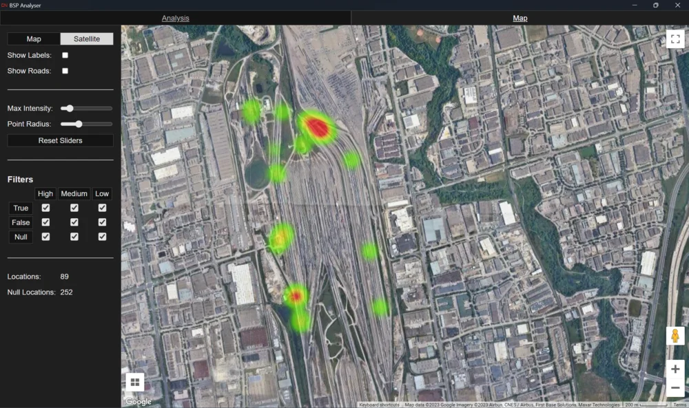 Incident analysis heatmap showing alert locations across the rail network